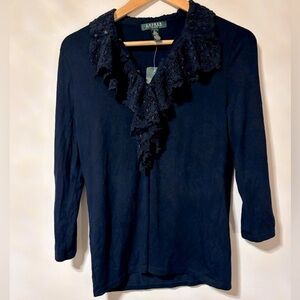 Ralph Lauren- Navy long sleeve shirt with lace collar and neckline